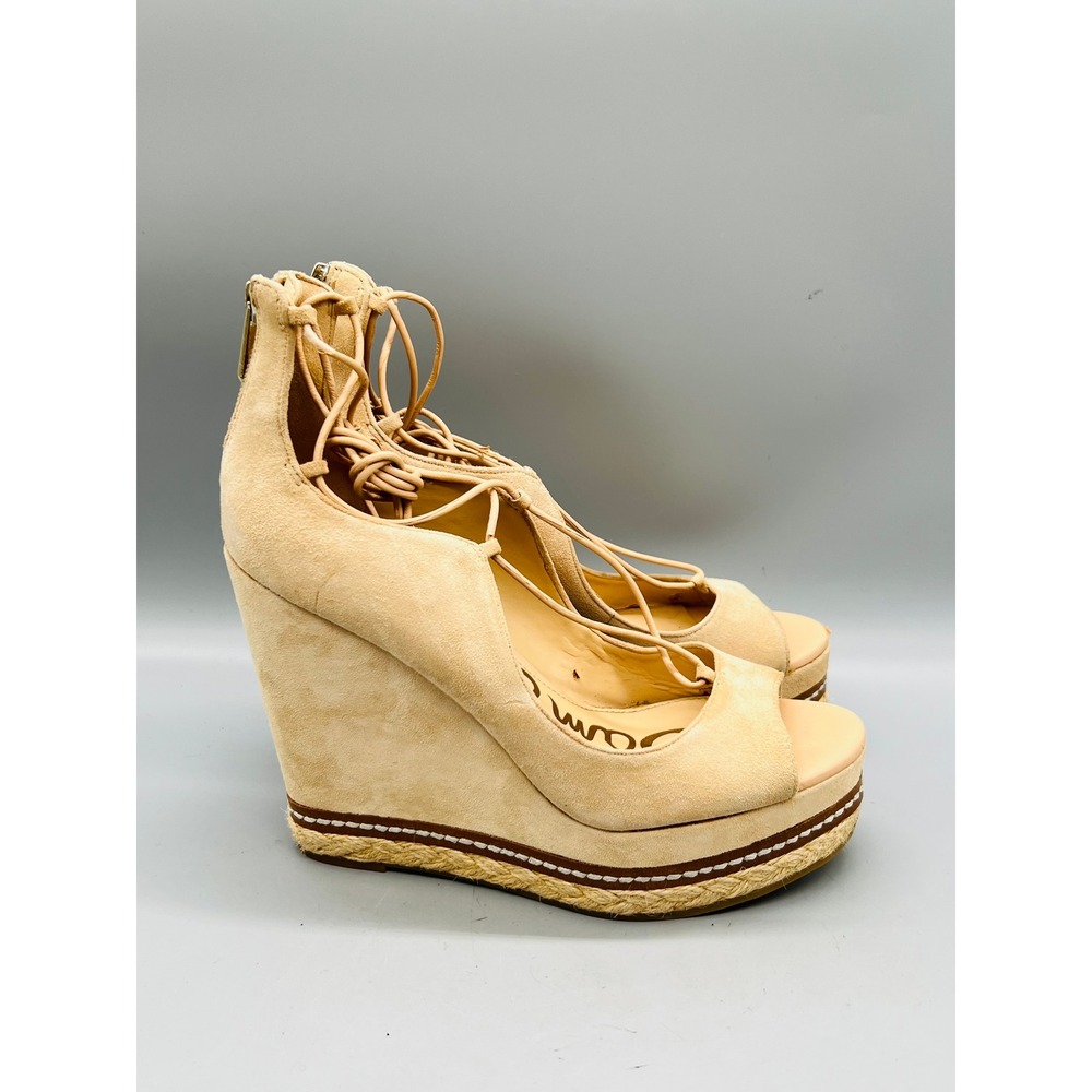 Sam Edelman Sandals Womens 7 Beige Suede Harriet Lace Up Wedge Espadrille Shoes